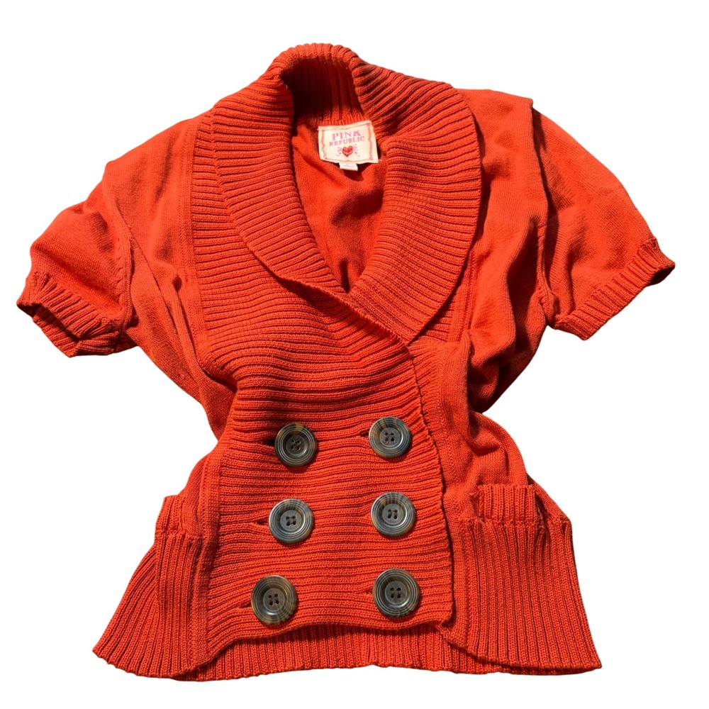 Y2K Preppy Button Up Orange Double Breasted Short Sleeve Cardigan Sweater Large
